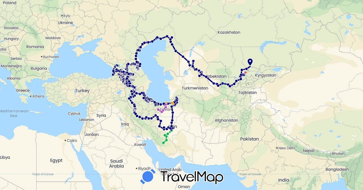 TravelMap itinerary: driving, bus, train, hiking, hitchhiking in Armenia, Georgia, Iran, Kazakhstan, Russia, Uzbekistan (Asia, Europe)
